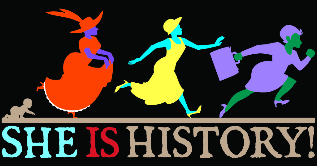 a black background with four images - a baby and three women (one in orange, one in yellow, and one in purple). Text reads 'She is History!'